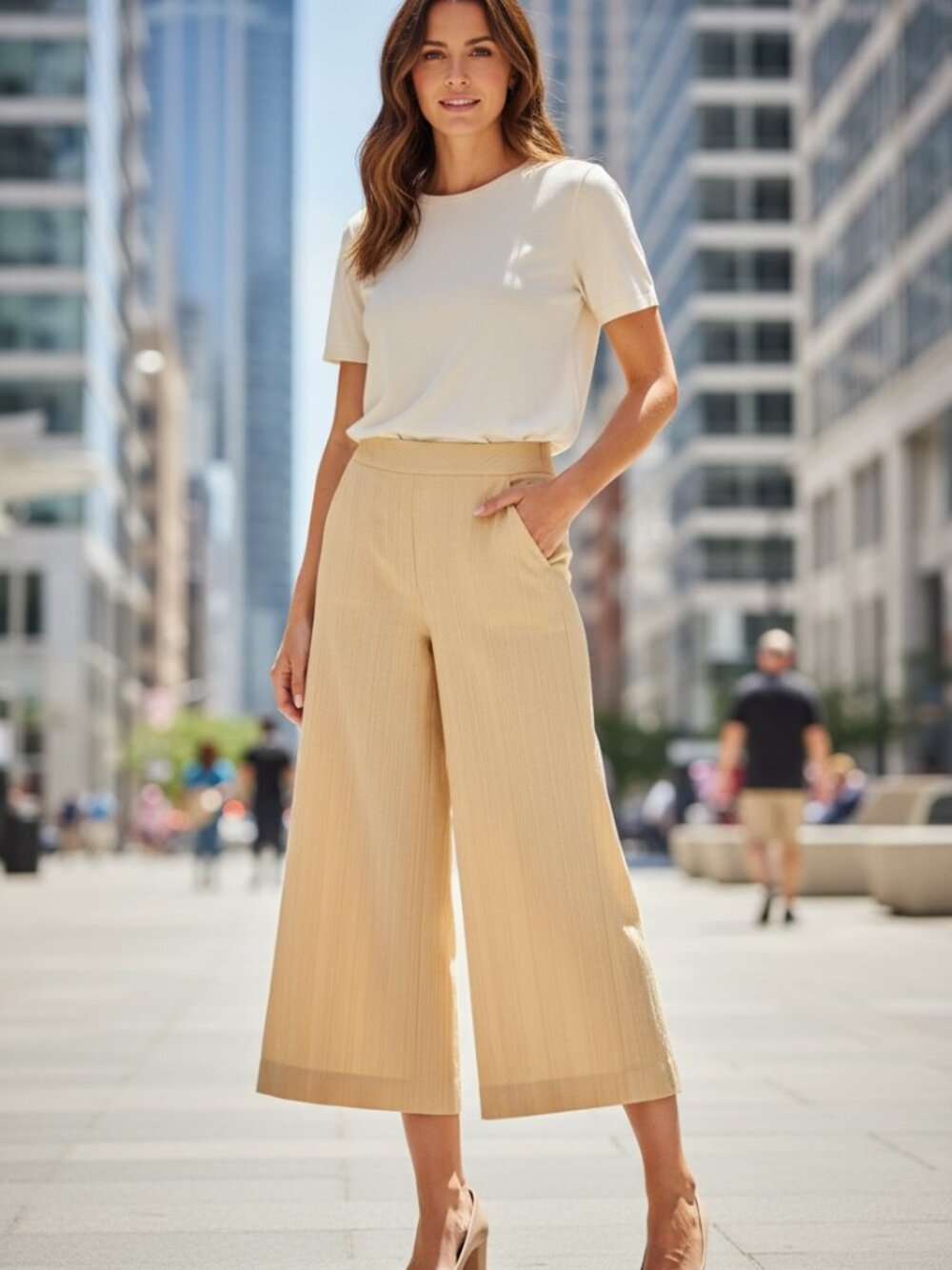 BANDOLINO, Elegant Ivory Women's Dress Cropped Trousers Wide-Leg, Size 8